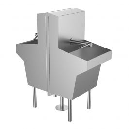 Two Station Wall Mounted Trough Sink Island Featuring the Dyson Airblade Wash+Dry Hand Dryer